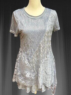 Simply Couture Tunic Top Small Mixed Media Lace Overlay Ruffle Lagenlook Boho